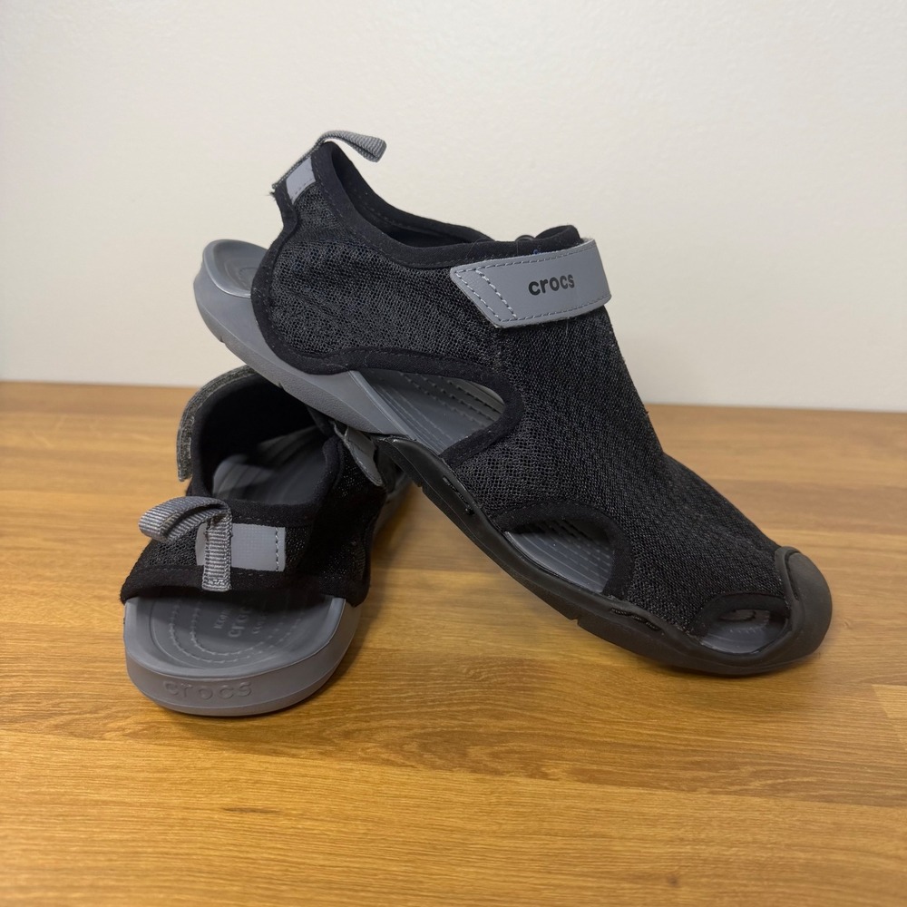 Crocs Swiftwater Mesh Deck Sandals Womens 9 Black Grey Sport Water Shoes